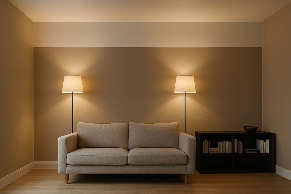 Salotto con soffitto basso e lampade da terra