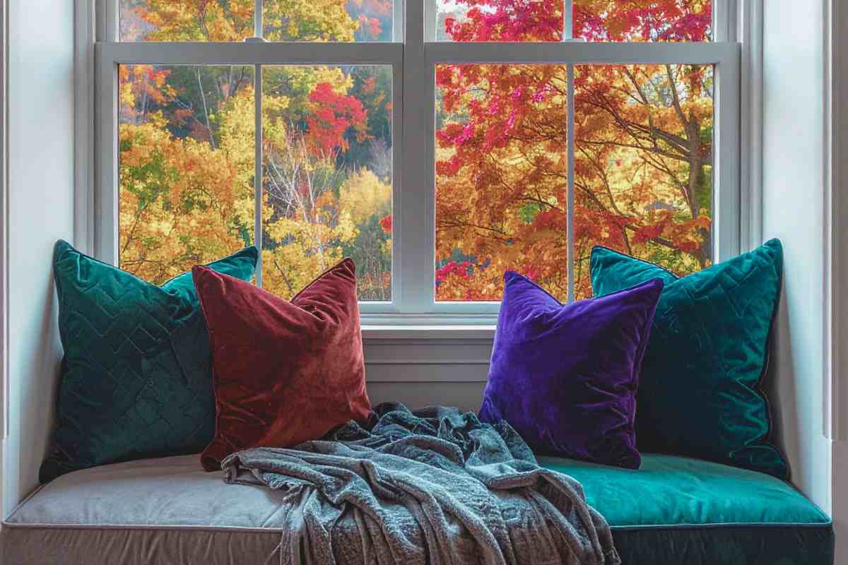 angolo di casa con finestra e plaid e cuscini di velluto di vari colori
