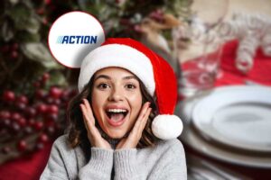 tavola di natale sullo sfondo, logo action in icona rossa e donna sorpresa con cappello babbo natale