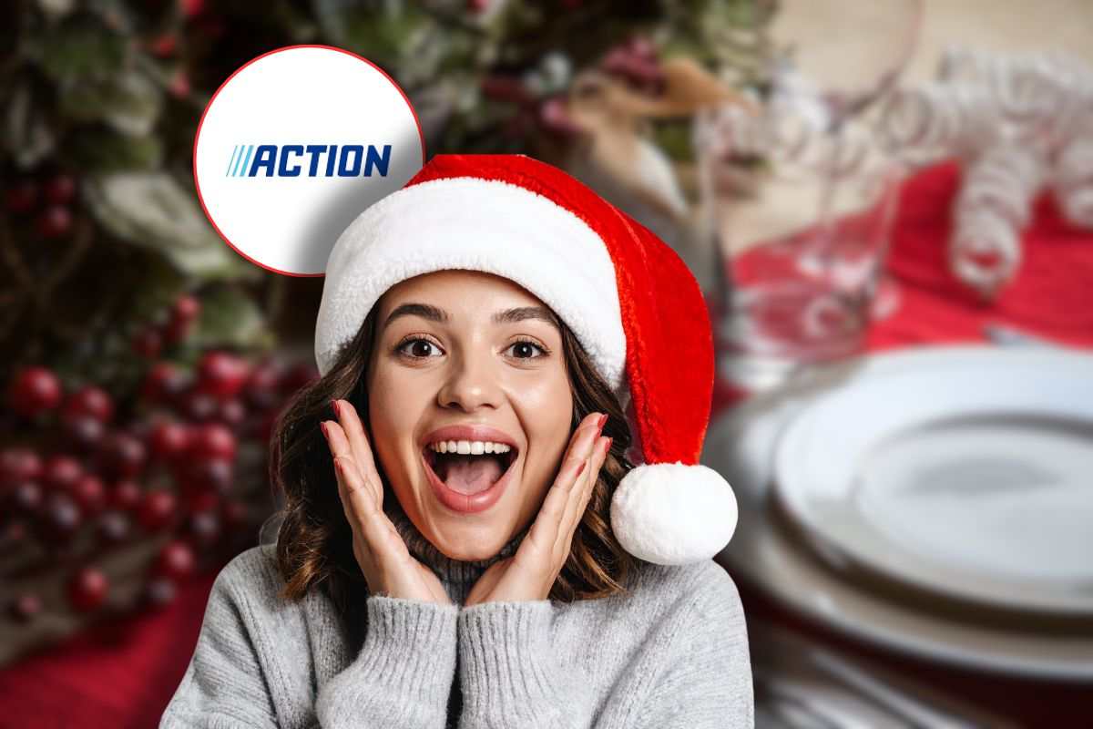 tavola di natale sullo sfondo, logo action in icona rossa e donna sorpresa con cappello babbo natale