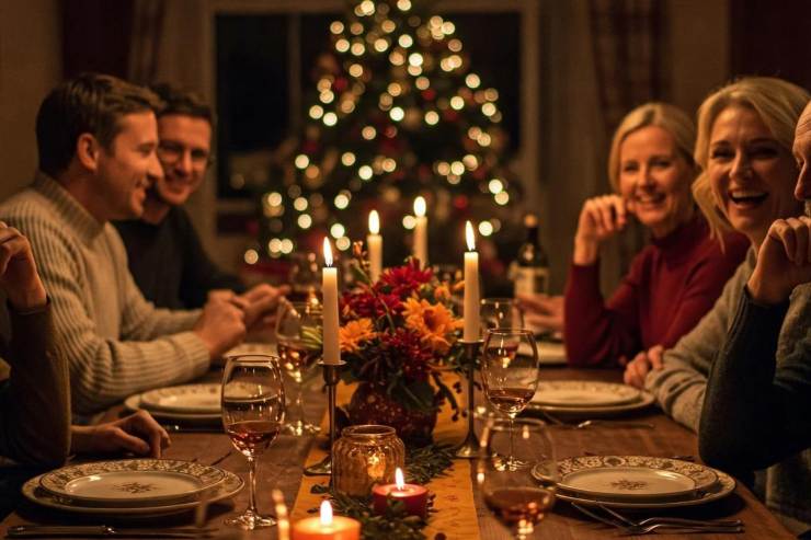 Un gruppo di adulti sorridenti e rilassati è riunito attorno a un tavolo da pranzo elegantemente apparecchiato e illuminato dalla calda luce delle candele. Sullo sfondo, un albero di Natale con luci sfocate crea un'atmosfera festosa e accogliente, suggerendo una cena speciale durante le vacanze.
