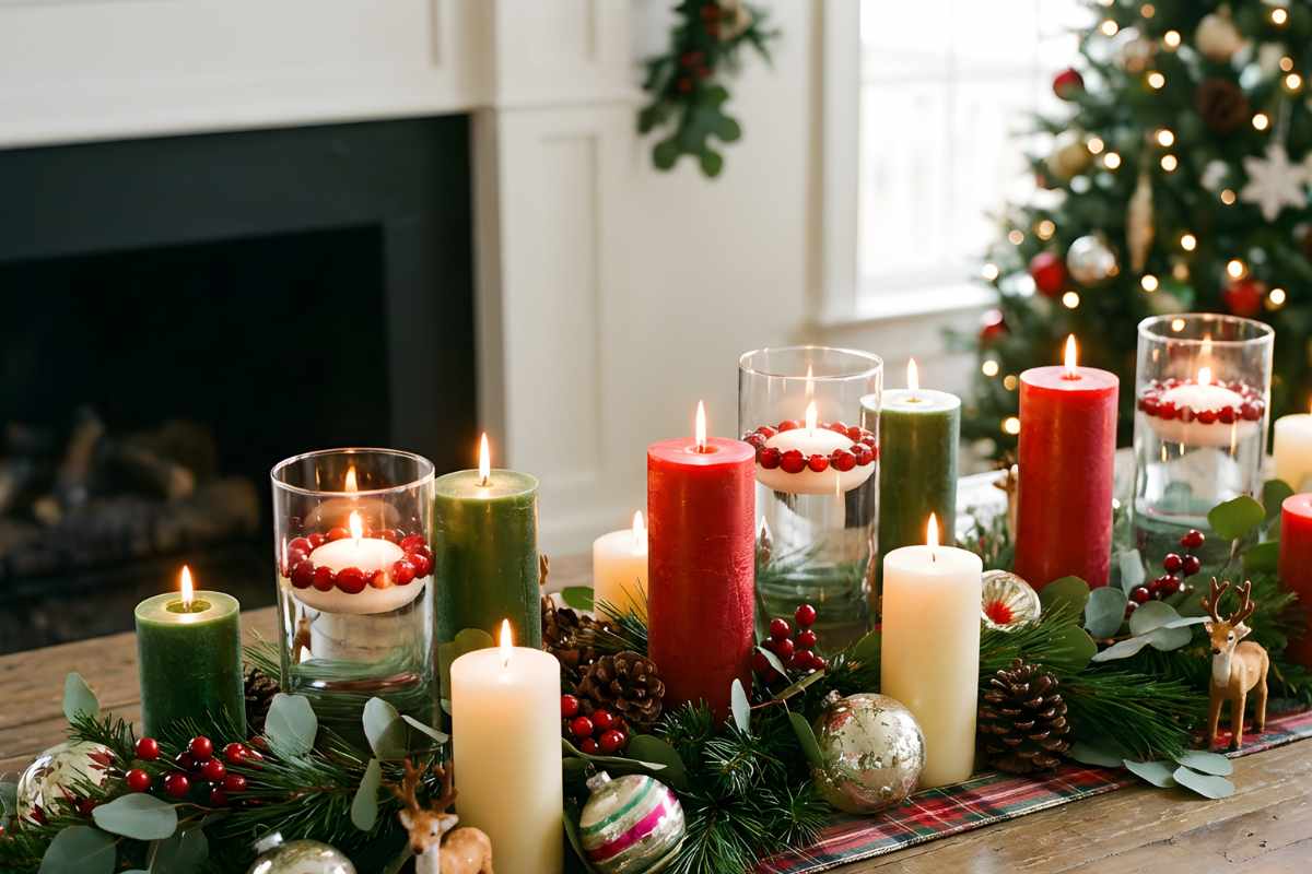 tavola con candele colorate, camino sullo sfondo e runner verde con foglie 