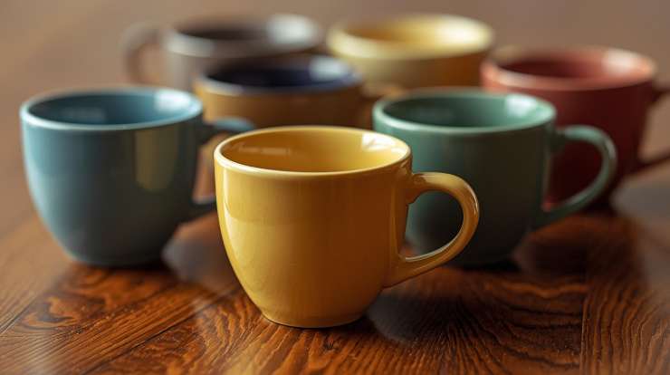 tazzine di caffè con colori diversi su tavolo di legno 