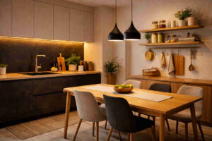 Cucina moderna con luci calde e mobili di tendenza