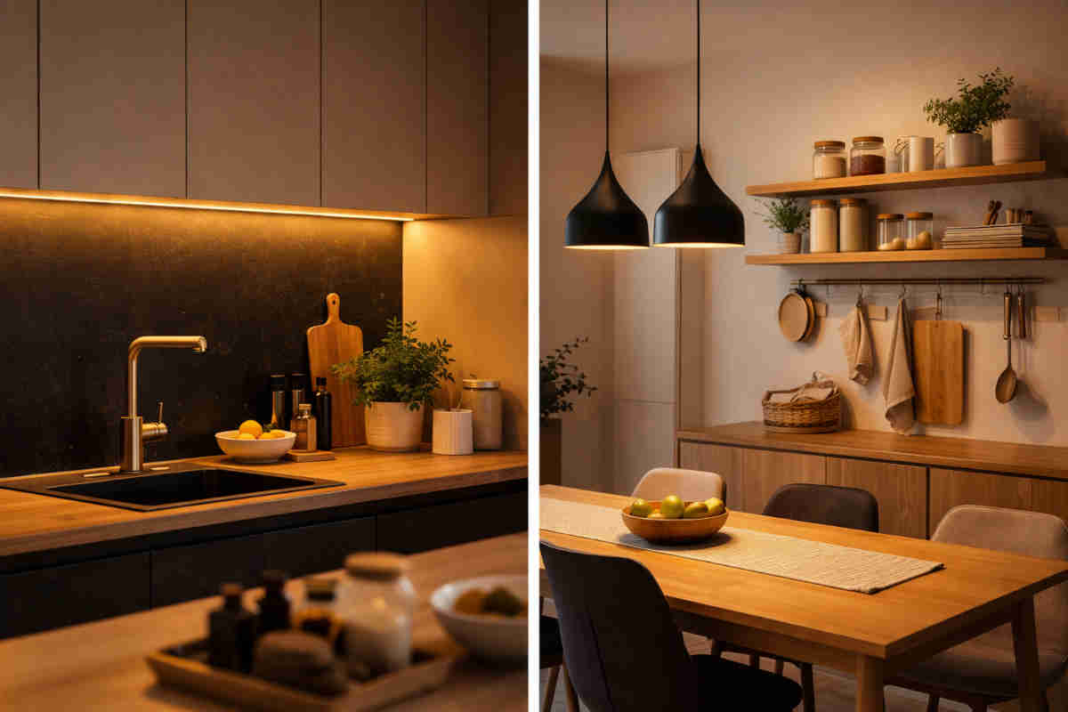 Cucina moderna con luci calde e mobili di tendenza