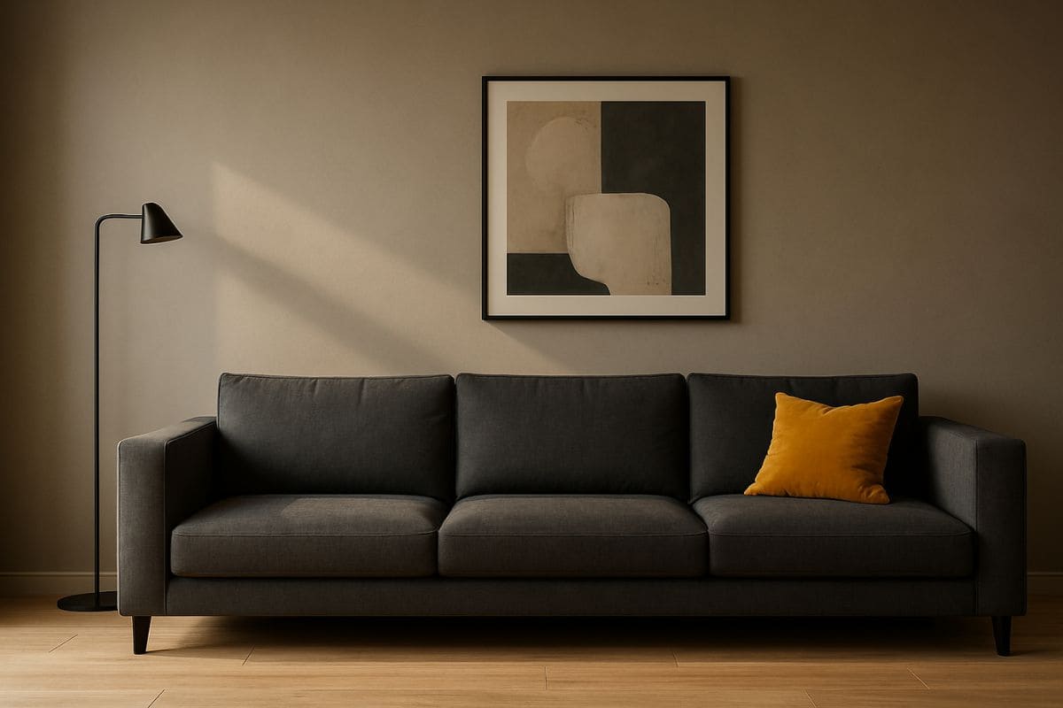 Salotto luminoso con divano carbone, cuscino senape e parete Tortora
