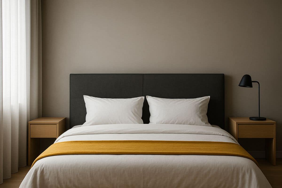 Ho letto matrimoniale con plaid senape, tastiera carbone e parete Tortora