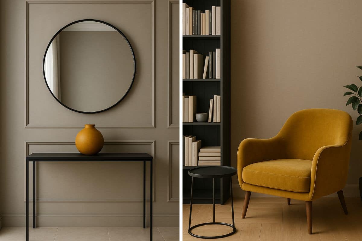 Ingresso e angolo relax nei toni del senape, carbone e Tortora