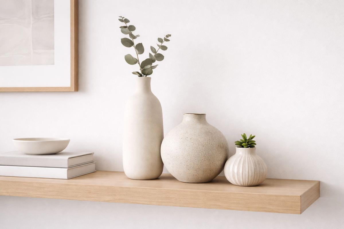 mensola minimal in legno chiaro fissata a una parete neutra color avorio con 3 vasi