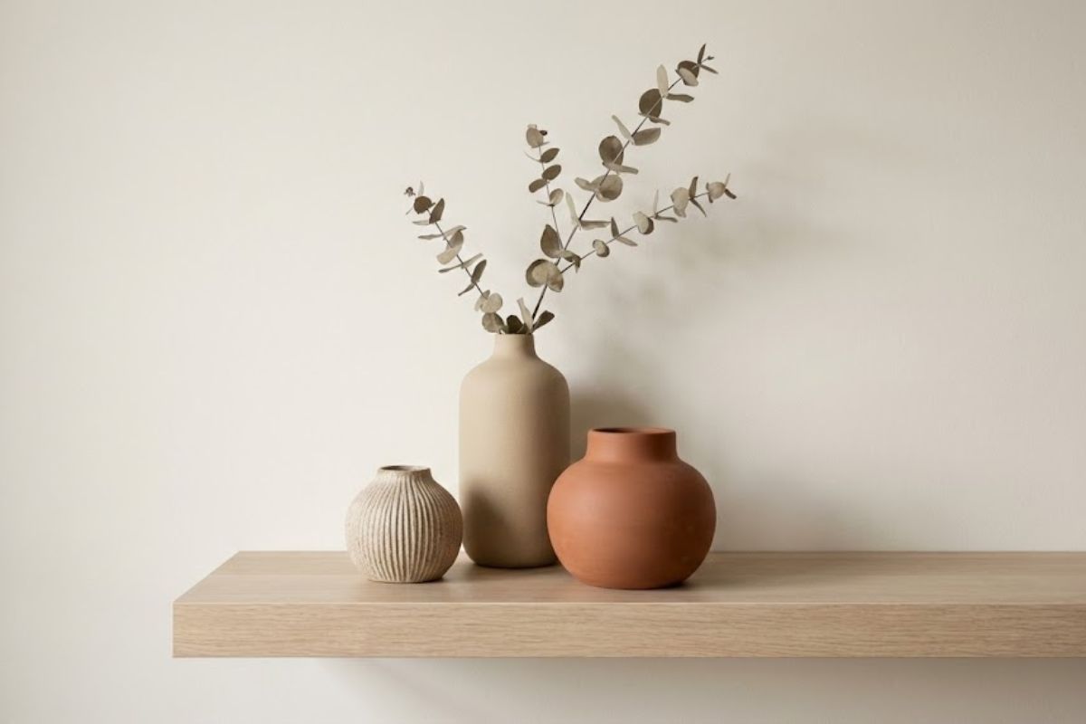 mensola minimal in legno chiaro fissata a una parete neutra color avorio con 3 vasi