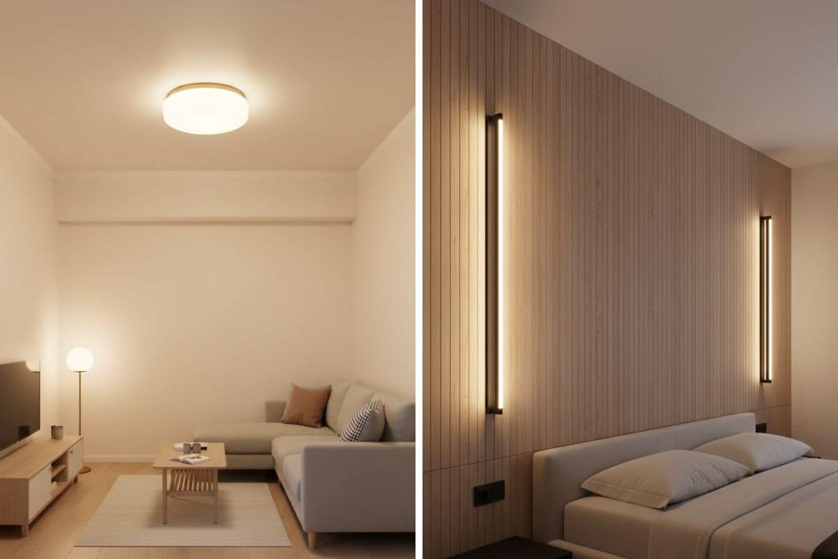 salotto con plafoniera e camera da letto con luci parete