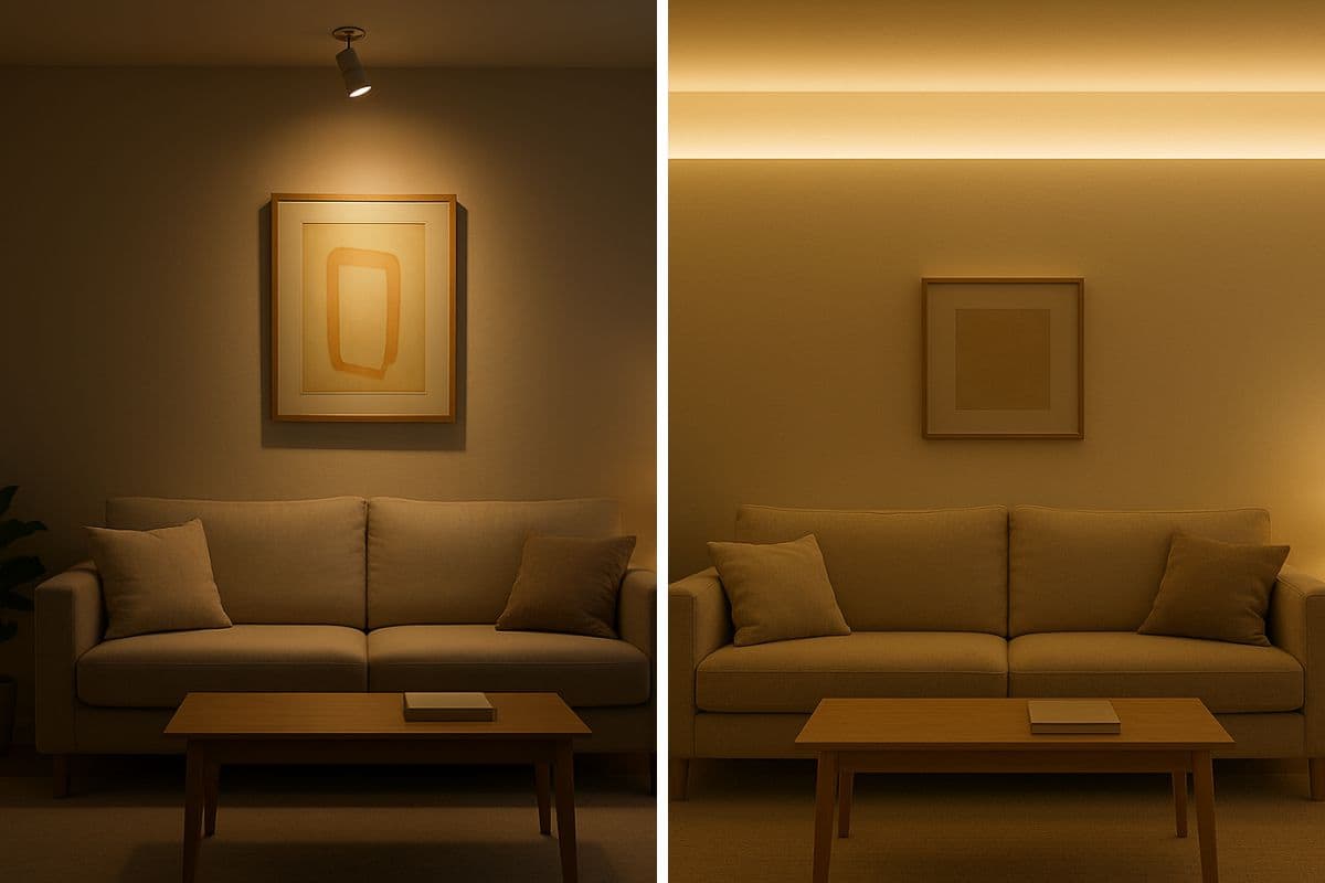 due salotti con tipi di luci diverse