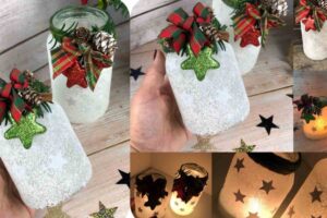 vasetti decorati con sale e fiori natalizi e sulla sinistra vasetti decorati con sale e formine di stelle