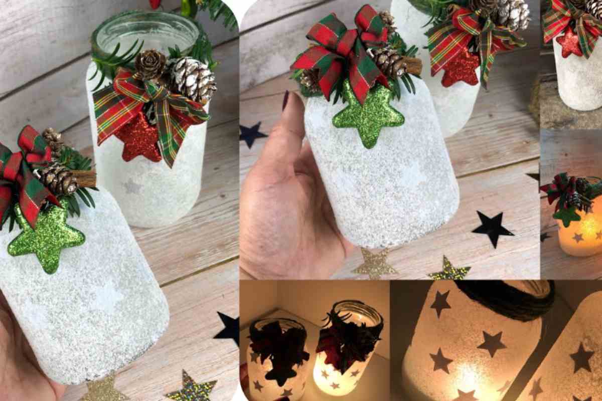 vasetti decorati con sale e fiori natalizi e sulla sinistra vasetti decorati con sale e formine di stelle