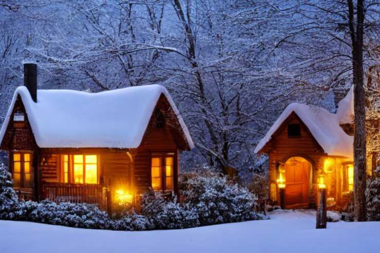 Una città innevata con delle case illuminate