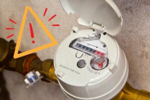 Un contatore dell'acqua ed in alto a sinistra un segnale di pericolo