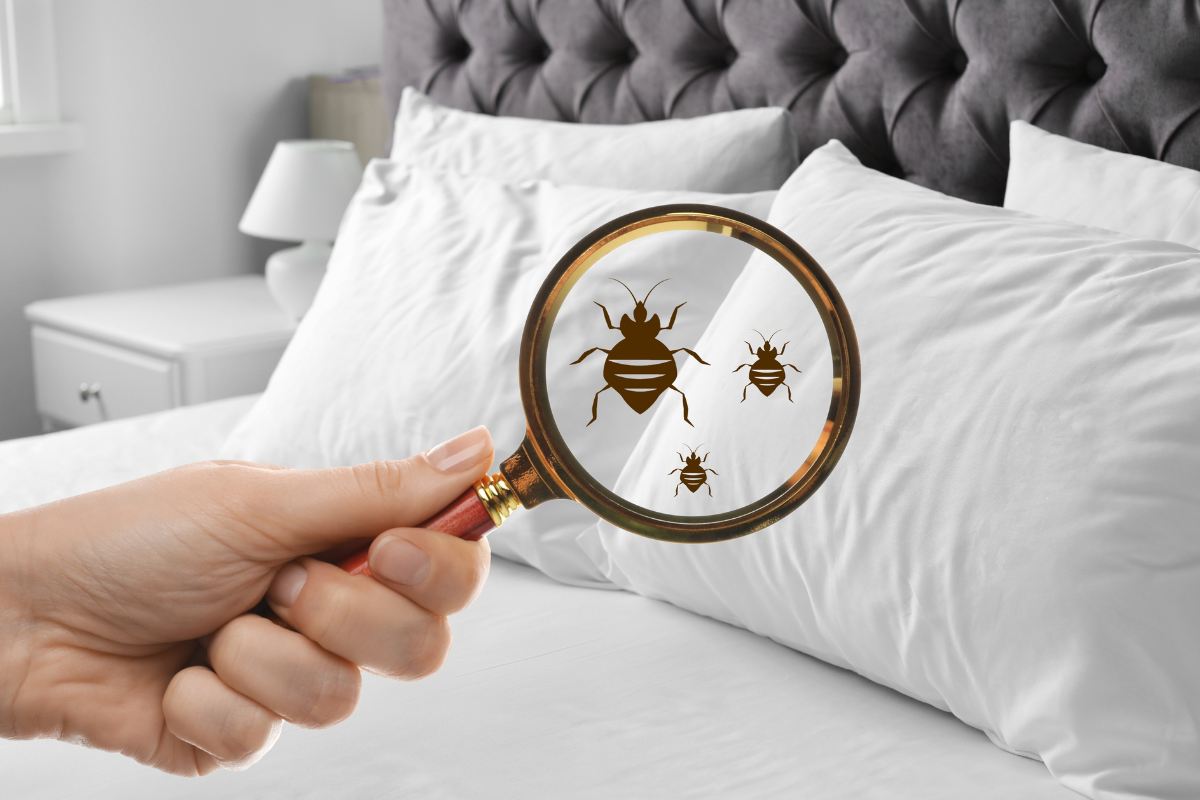 Un letto sullo sfondo ed in primo piano una mano con una lente di ingrandimento che controlla la presenza delle cimici