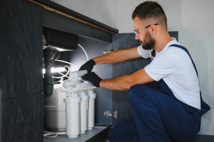 Un operaio che sta installando un depuratore sotto il lavandino
