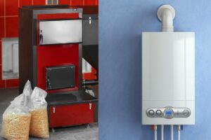 Sulla sinistra una caldaia a Pellet e sulla destra una a gas