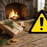 Una stanza con un tavolo ed un camino sullo sfondo ed un segnale di pericolo in primo piano