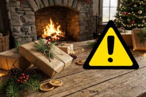 Una stanza con un tavolo ed un camino sullo sfondo ed un segnale di pericolo in primo piano