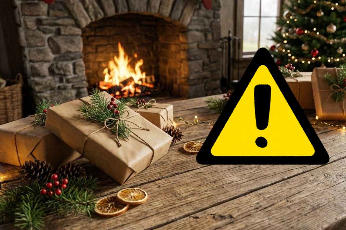 Una stanza con un tavolo ed un camino sullo sfondo ed un segnale di pericolo in primo piano