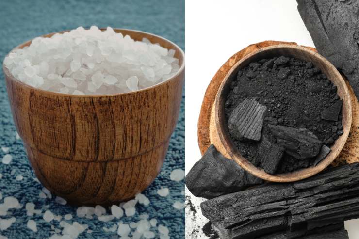 Nella foto a sinistra c'è del sale grosso e sulla destra della carbonella