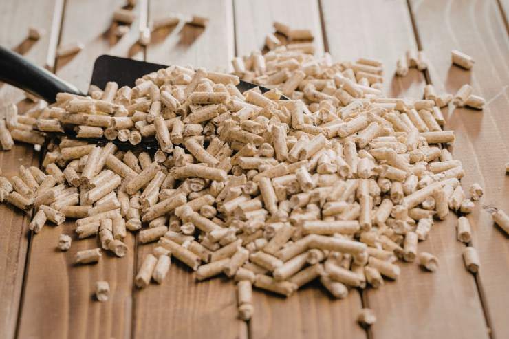 Del pellet su un tavolo con una spatola per raccoglierlo