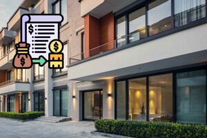 Un condominio come sfondo e in primo piano una grafica di monete e un contratto