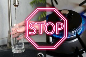 acqua che esce dal rubinetto, fornello con gas accesso e scritta stop in rosso