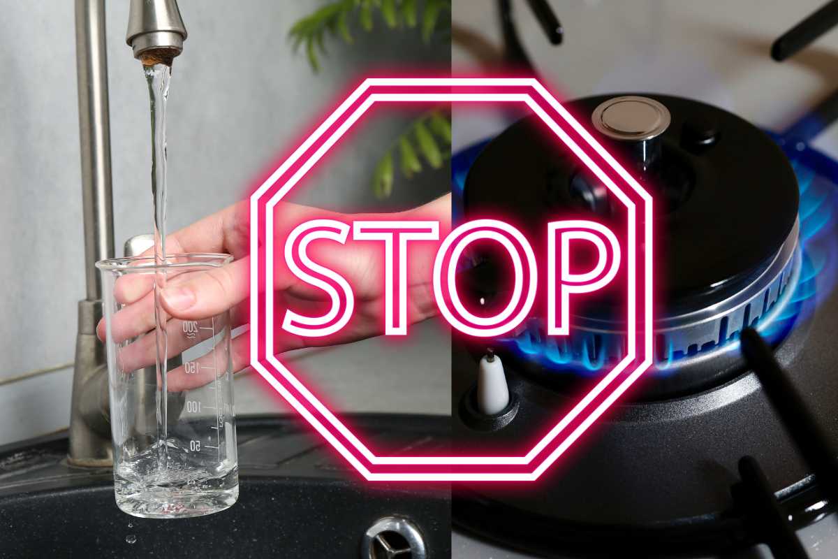 acqua che esce dal rubinetto, fornello con gas accesso e scritta stop in rosso