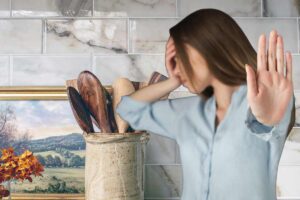 donna che fa segno no con dietro cucina con mattonelle