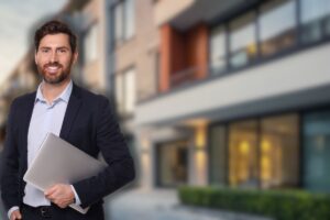 condominio sullo sfondo ed amministratore in primo piano