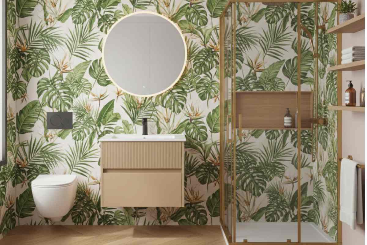 bagno con carta da parati jungle, elementi oro e mobile bagno legno chiaro