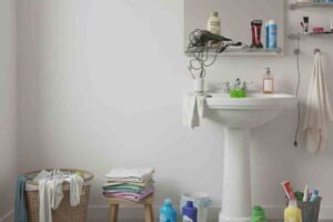 bagno disordinato con detersivi sparpagliati