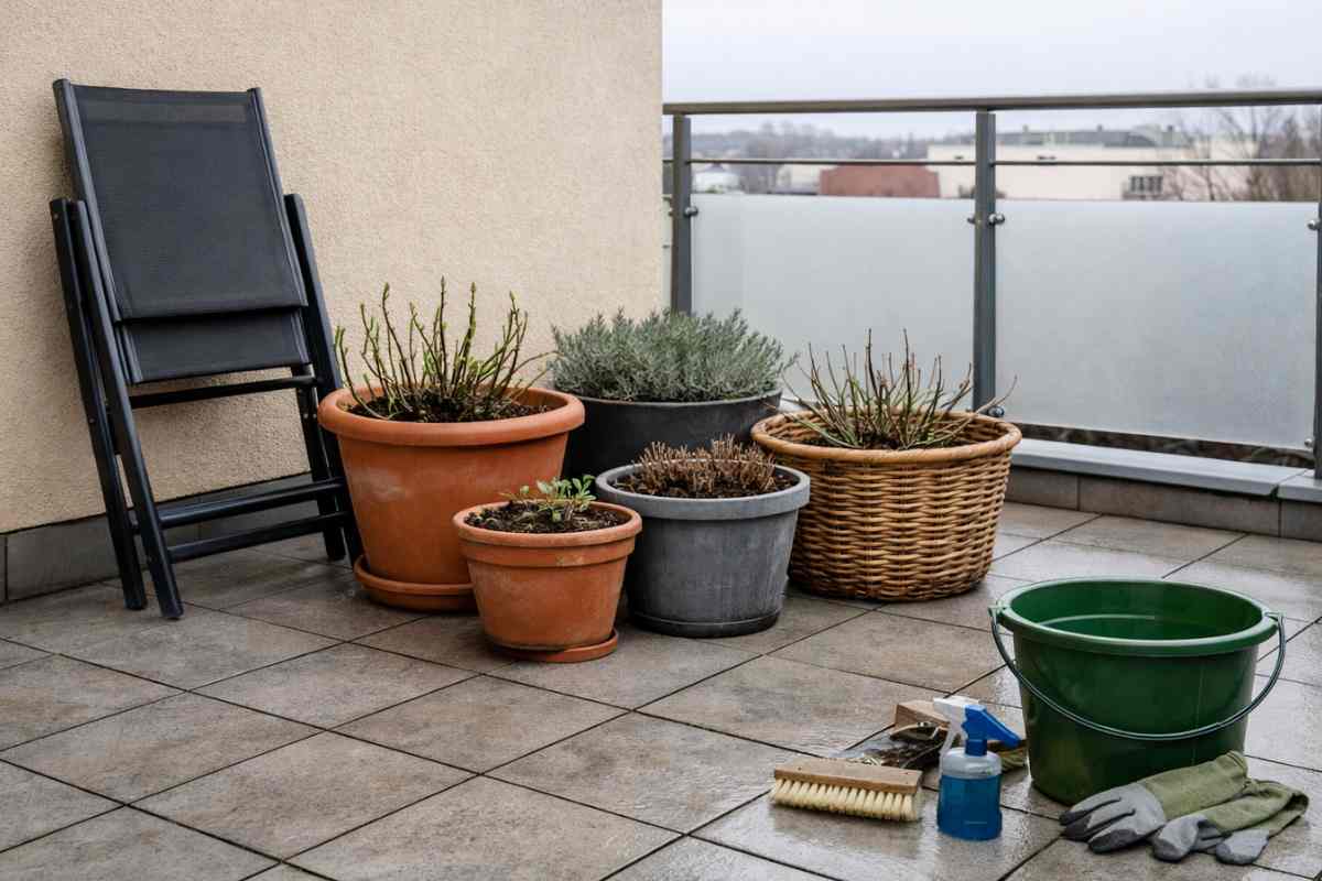 vasi secchi su un terrazzo