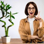 donna con dito alzato per idea e vicino vaso con bambu della fortuna