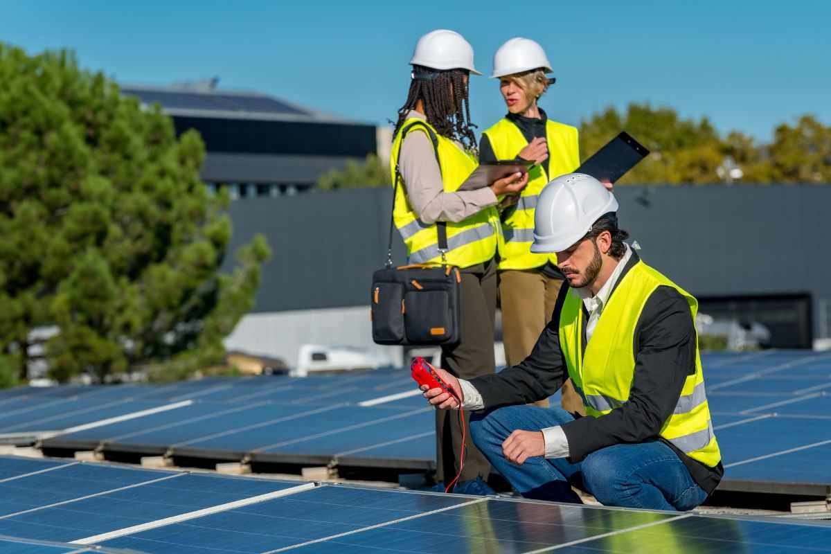 persone con caschetto sul tetto che controllano i pannelli solari