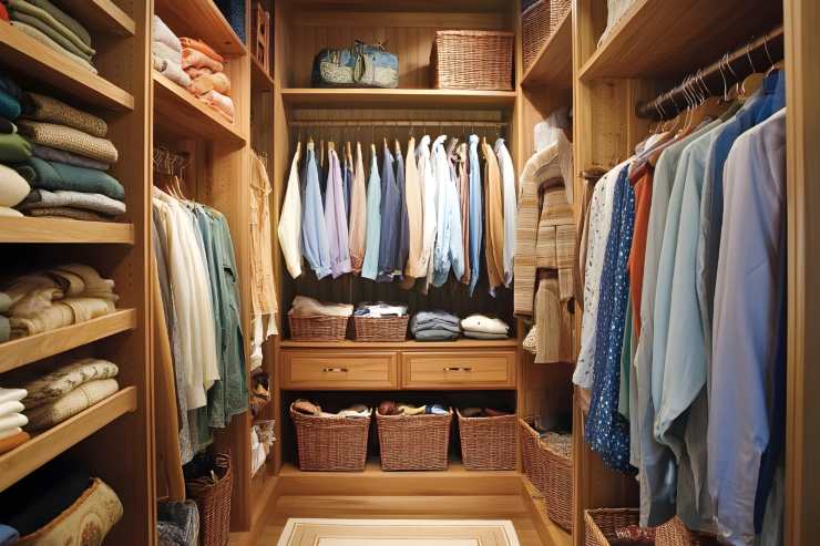 Una cabina armadio spaziosa con tutti i vestiti messi in ordine