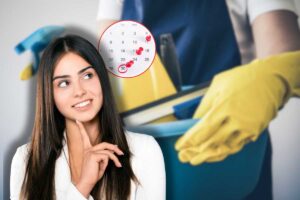 donna delle pulizie con secchio in mano, calendario in icona rossa e donna che pensa