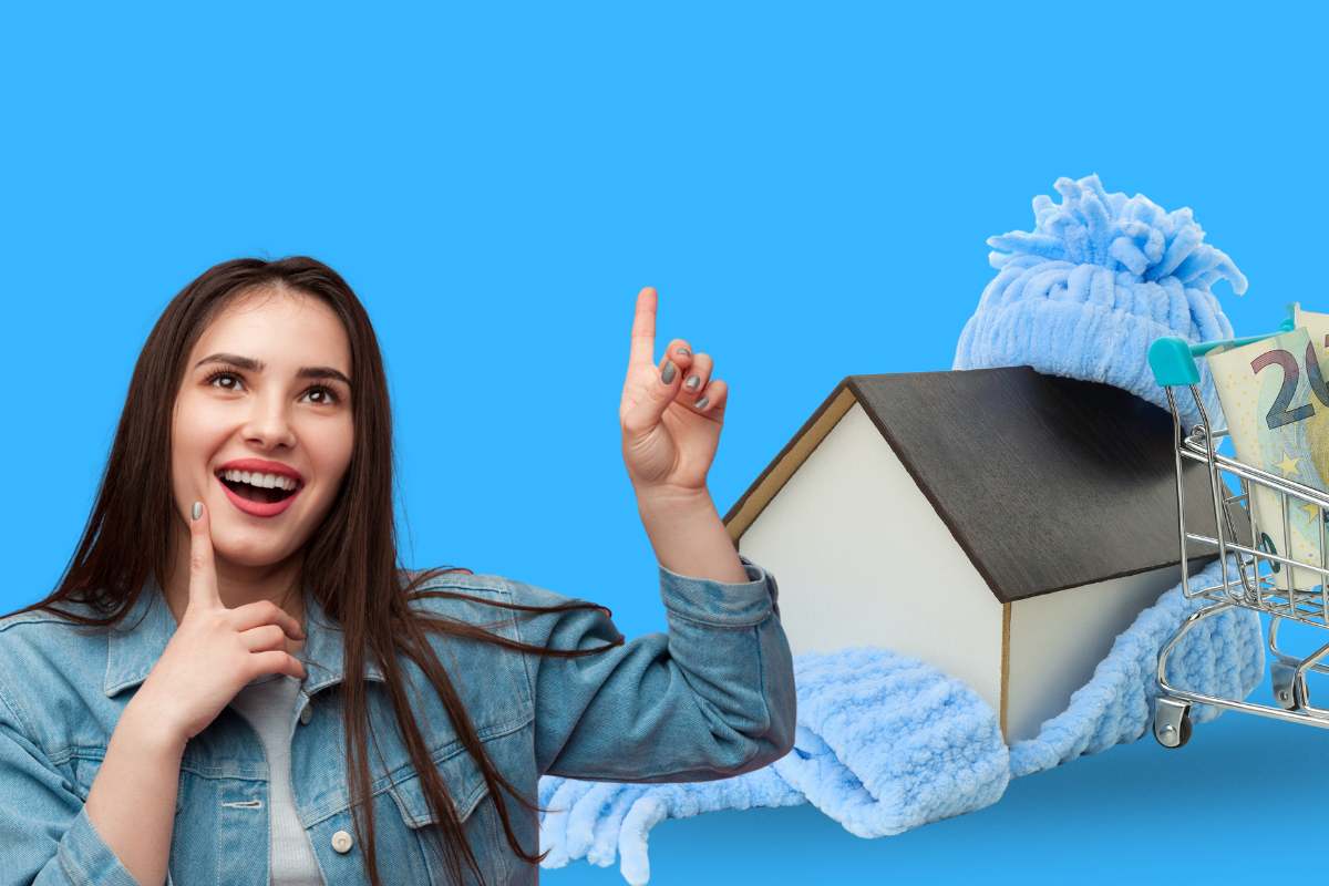 donna che indica casa con sciarpa e soldi