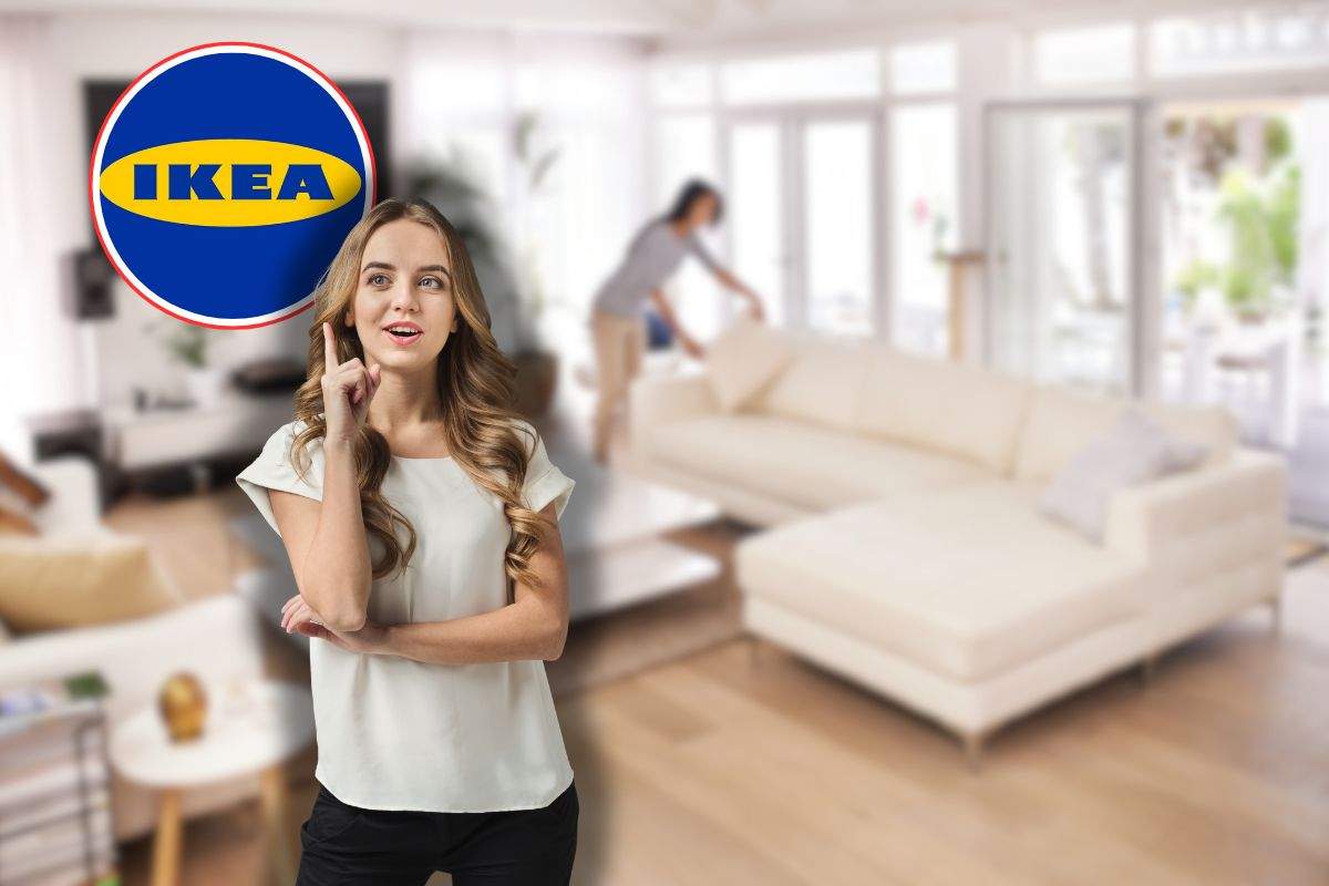 donna che mette in ordine casa, logo ikea e un'altra che pensa