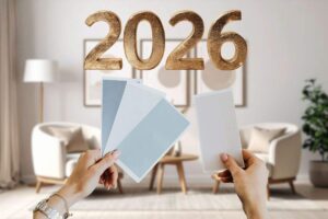 sfondo di un soggiorno moderno, in primo piano mani di donna che mantengono delle palette di colori e scritta 2026