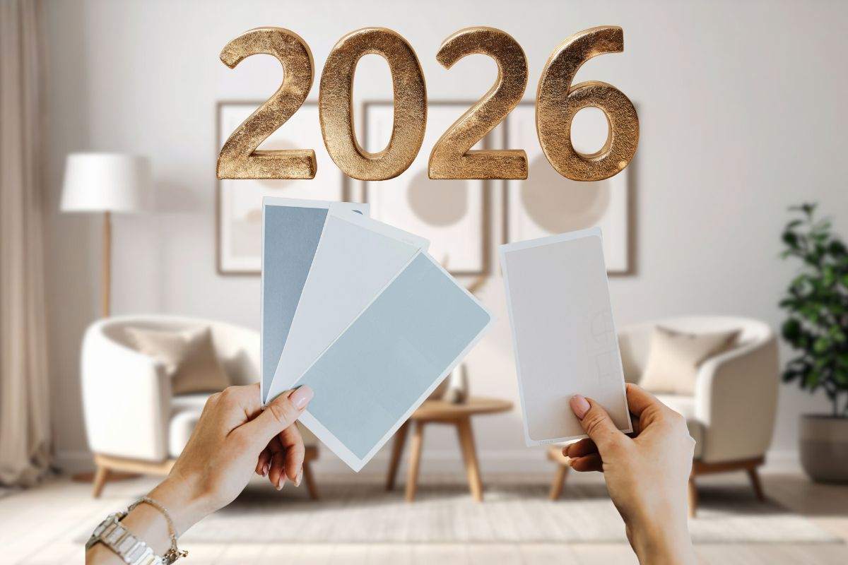 sfondo di un soggiorno moderno, in primo piano mani di donna che mantengono delle palette di colori e scritta 2026