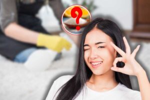 donna che pulisce tappeto, un'altra che fa ok ed occhiolino e punto interrogativo su prodotto naturale sfumato