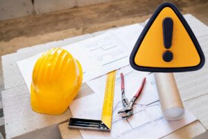 caschetto giallo, cartina e simbolo attenzione