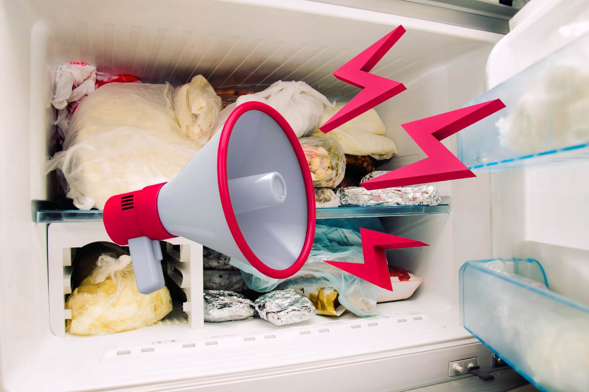 congelatore pieno e megafono con simboli rossi