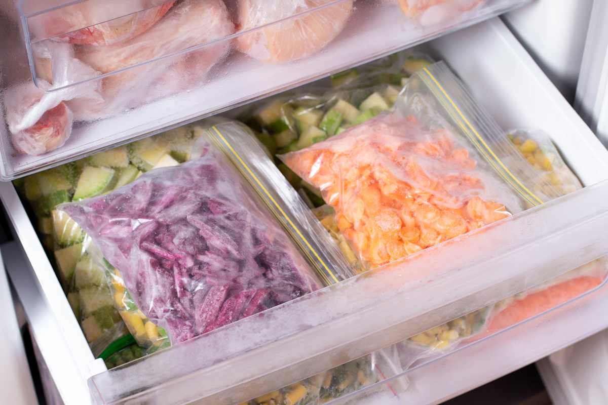 congelatore con sacchetti di cibo congelato