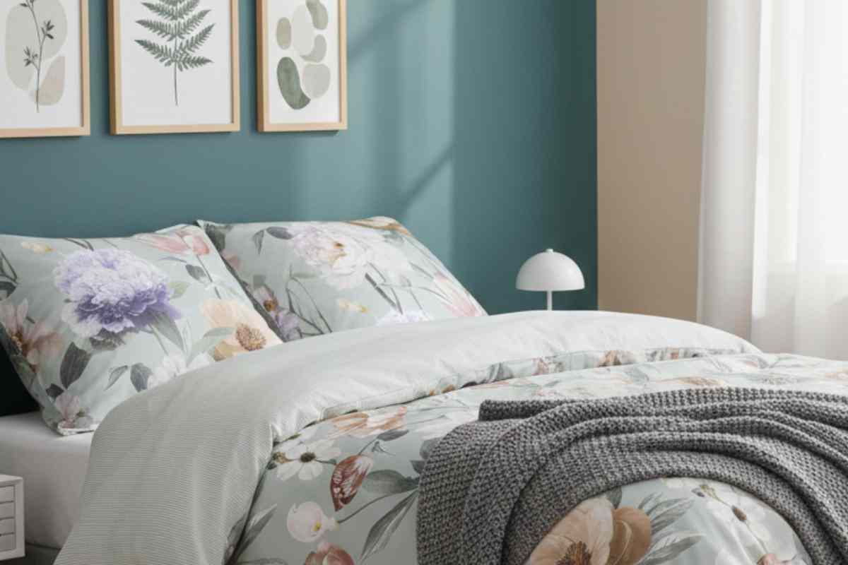 copriletto floreale in una stanza con pareti polverose e quadri botanici