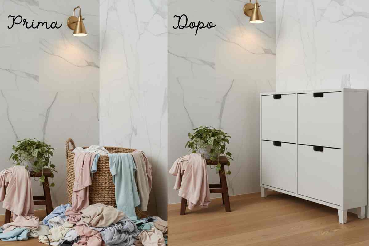 prima e dopo in un bagno con la cesta dei panni sporchi e poi con il mobile ikea